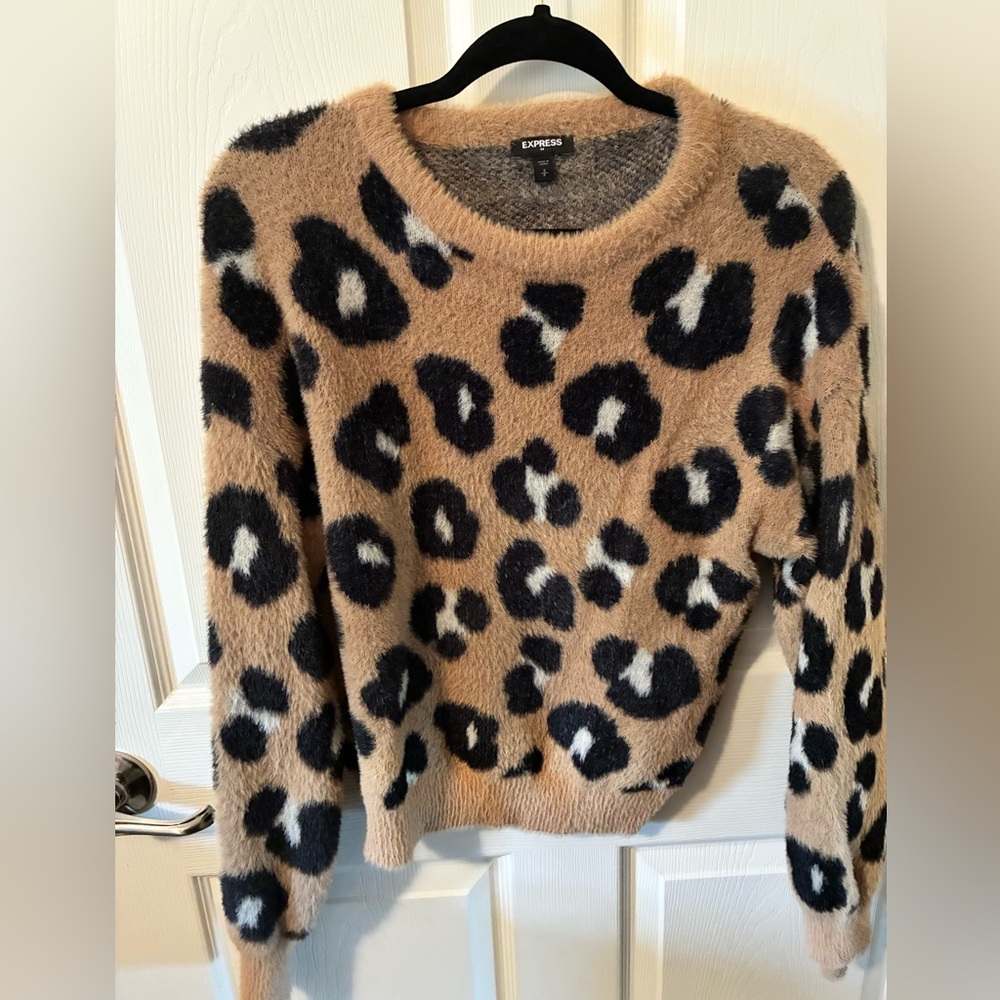 Express Animal Print Crew Neck Sweater - Tan and Black